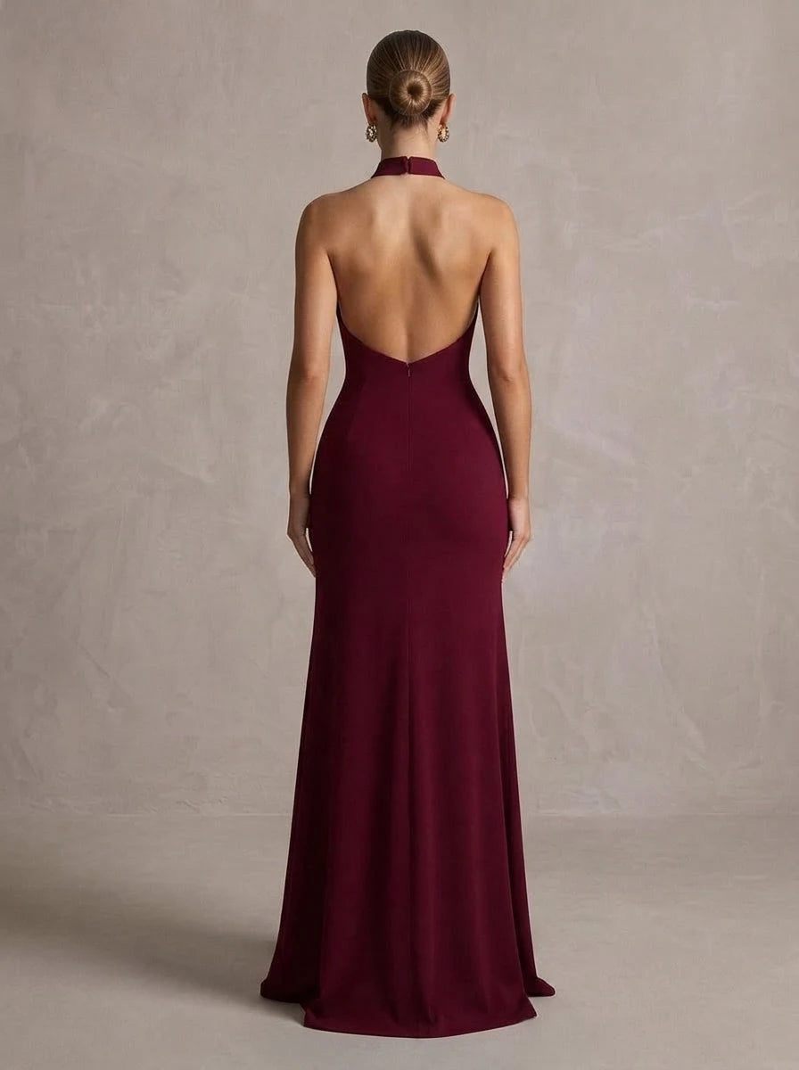 Elegant Sheath Halter Sleeveless Keyhole Slit Burgundy Long Prom Dresses Women Gown