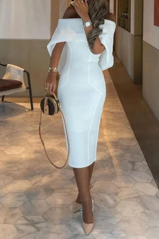Elegant Sheath Off-Shoulder Draped Slit White Midi Prom Dresses Women's Gown