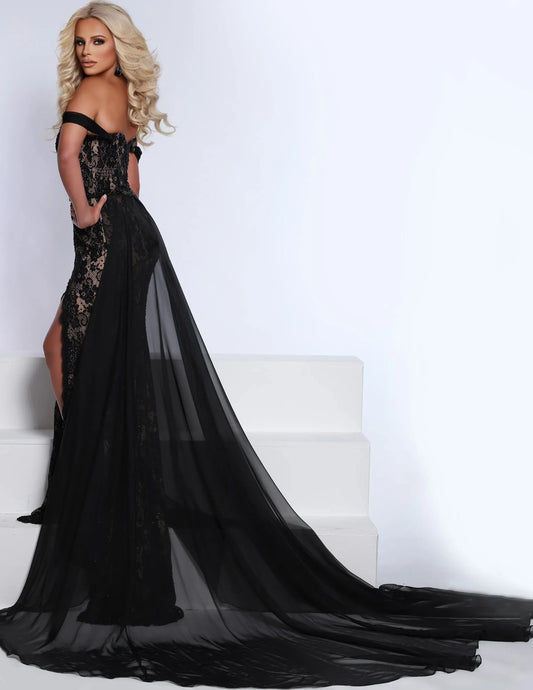 Elegant Sheath Off-Shoulder High Slit Black Floor-Length Evening Dresses Gown