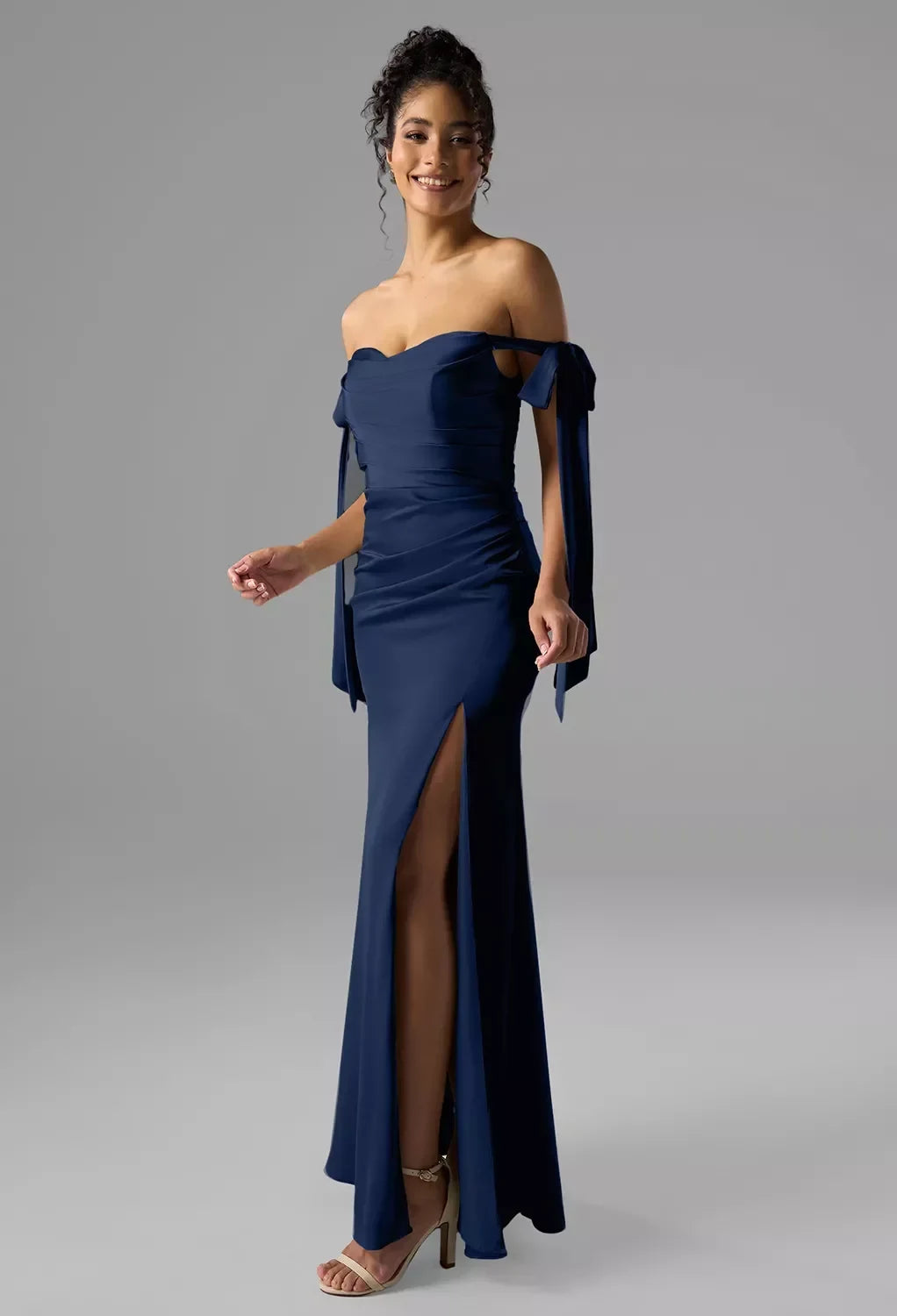 Elegant Sheath Off-Shoulder Sleeveless Ruched Slit Navy Maxi Bridesmaid Dress Women