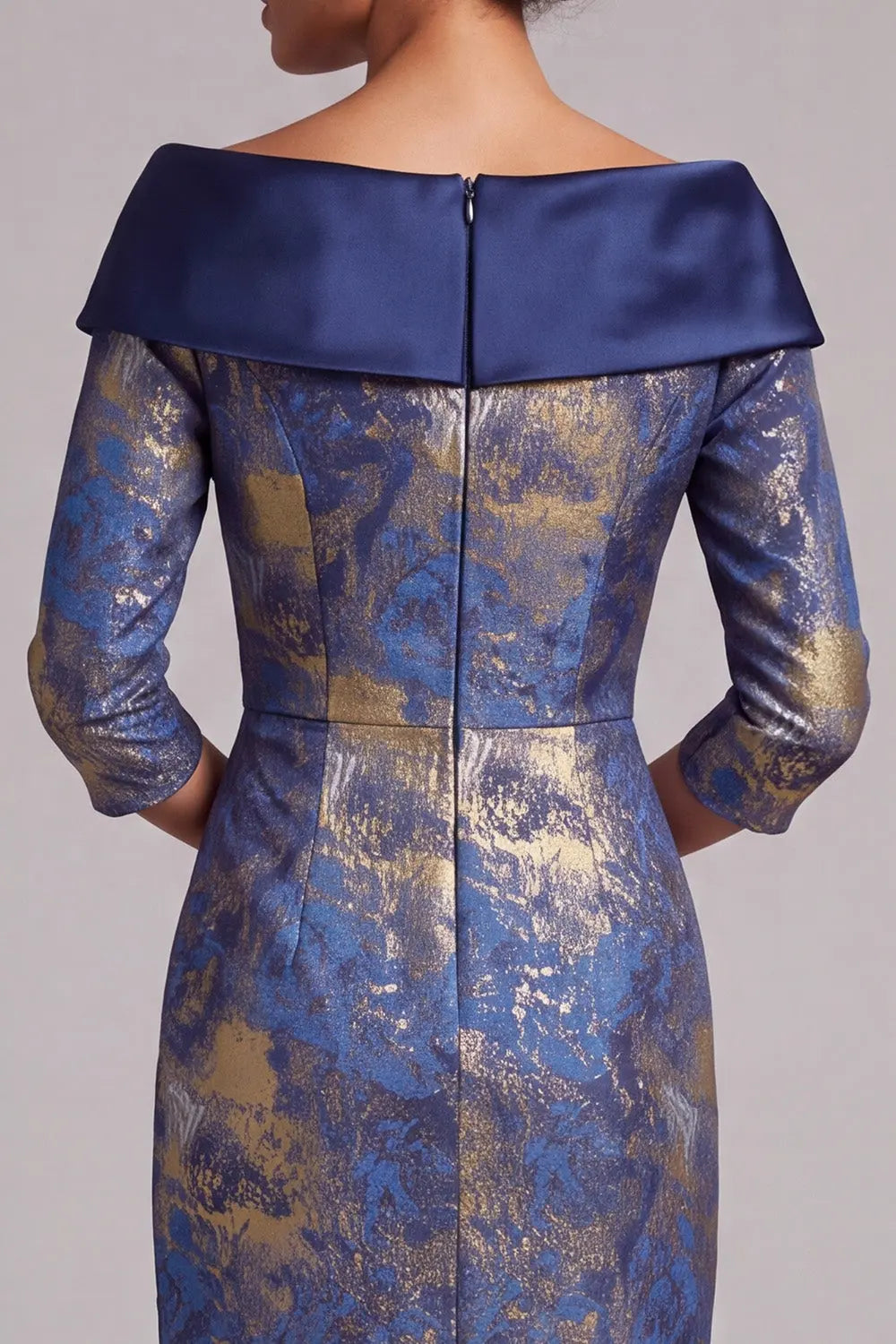 Elegant Sheath Off-Shoulder Three-Quarter Jacquard Blue Gold Midi Prom Dress