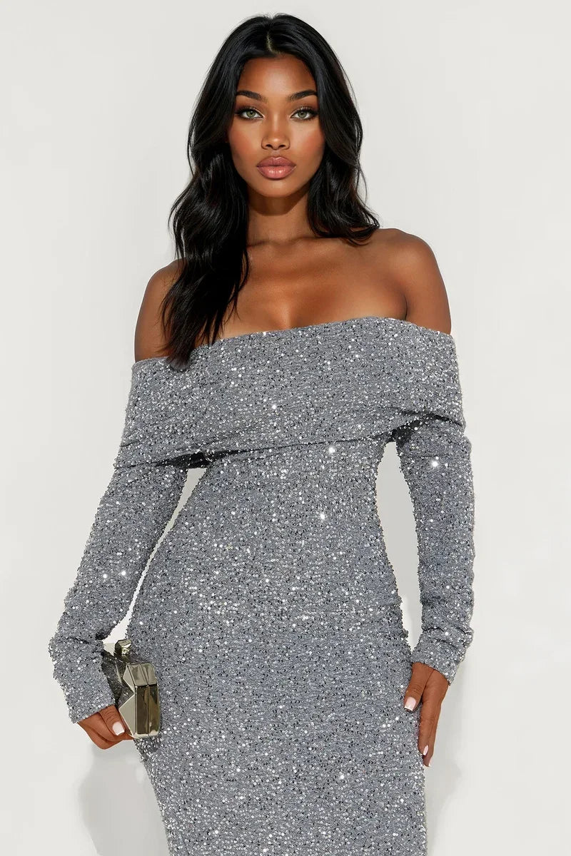 Elegant Sheath Off Shoulder Long Sleeve Foldover Grey Evening Dresses Gown
