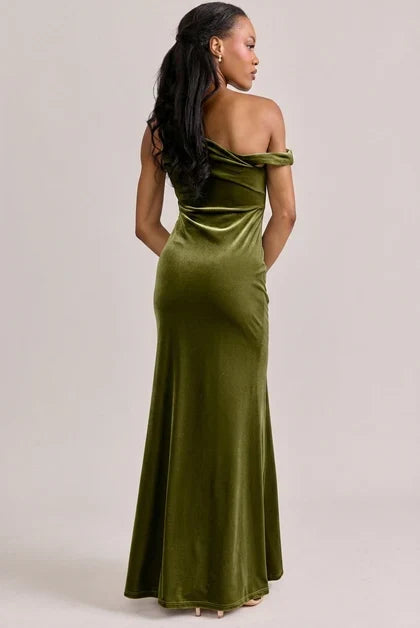 Elegant Sheath One-Shoulder Draped Luxurious Olive Floor-Length Bridesmaid Dress Women's