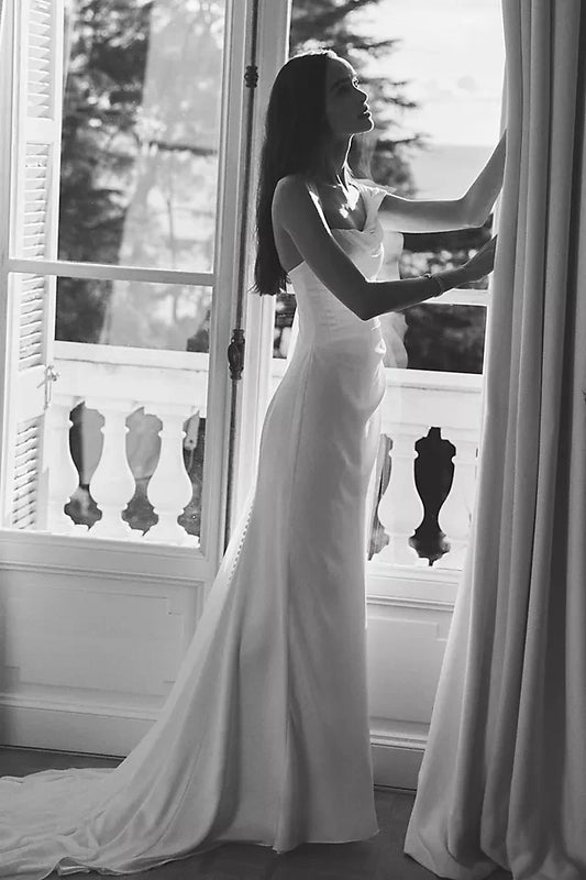 Elegant Sheath One-Shoulder Draped Slit White Floor-Length Wedding Dresses for Brides