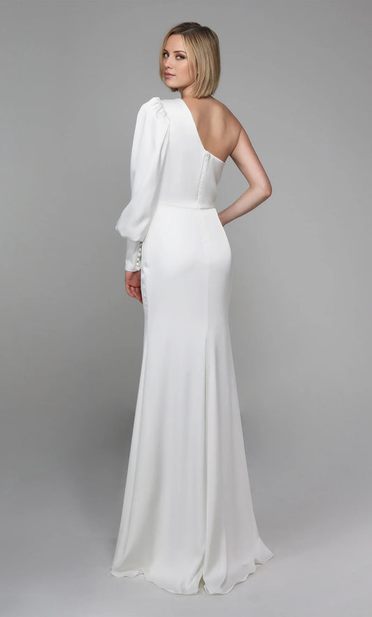 Elegant Sheath One-Shoulder Long Sleeve White Floor-Length Wedding Gown