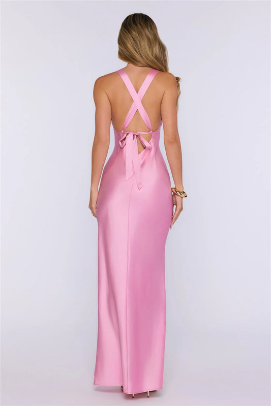 Elegant Sheath Plunge V-Neck Sleeveless Backless Tie-Back Pink Floor-Length Prom Dresses
