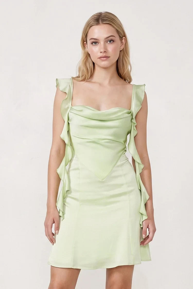 Elegant Sheath Ruffled Square Neck Sage Green Mini Homecoming Dress for Women