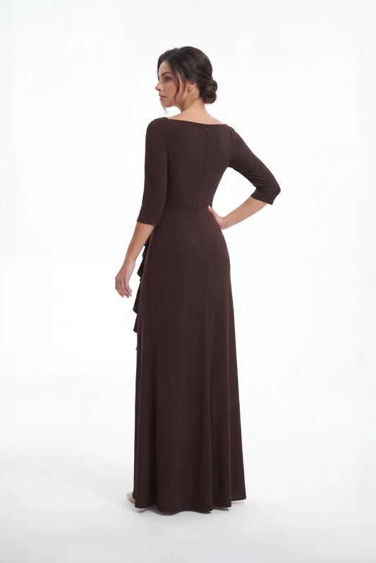 Elegant Sheath Square Neck Ruffled Chocolate Brown Mother of the Bride Dress