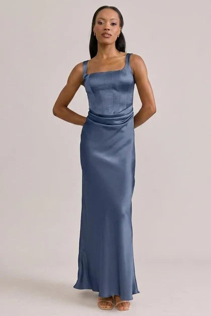 Elegant Sheath Square Neck Sleeveless Draped Indie Blue Floor-Length Bridesmaid Gown