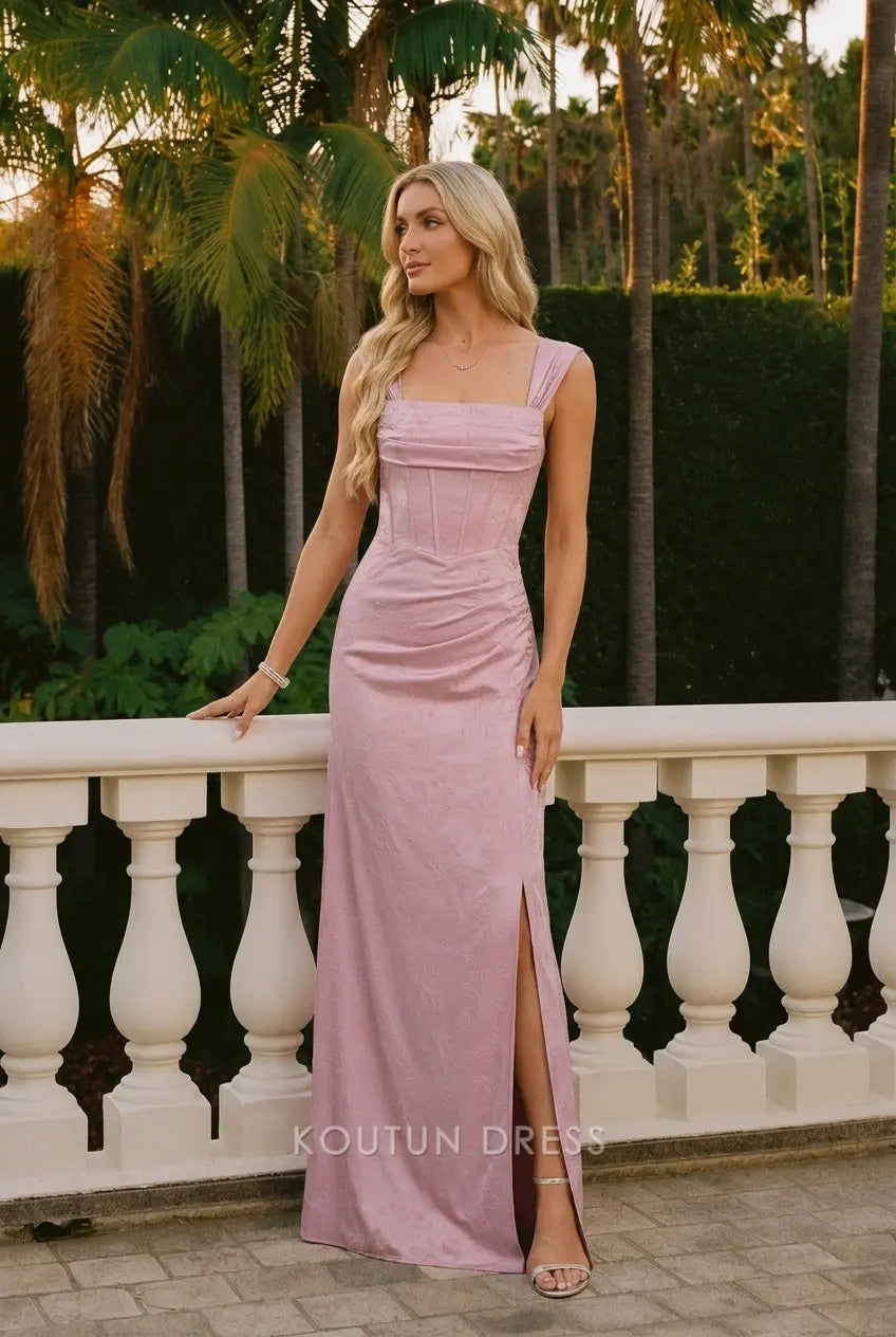 Elegant Sheath Square Neck Sleeveless Jacquard Slit Pink Floor-Length Prom Dress