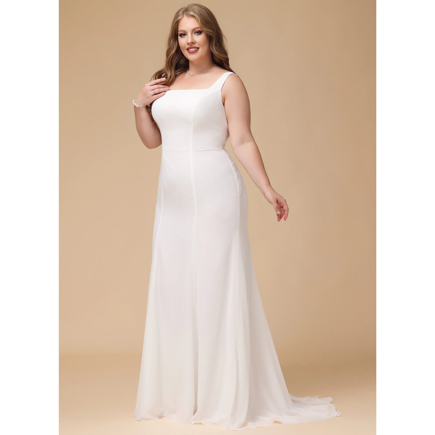Elegant Sheath Square Neck Sleeveless Minimalist White Floor-Length Wedding Dress For Women