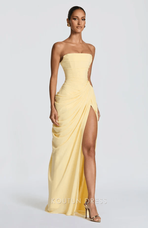 Elegant Sheath Strapless High Slit Ruched Pale Yellow Floor-Length Prom Dress