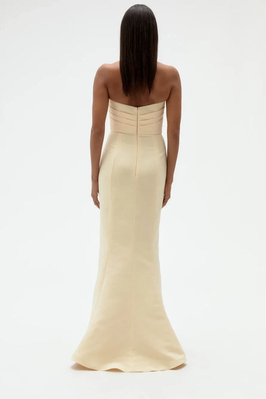Elegant Sheath Strapless Pleated Bodice Pale Yellow Floor-Length Bridesmaid Gown