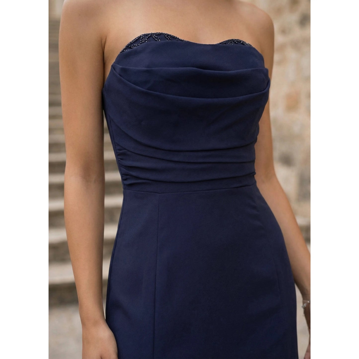 Elegant Sheath Strapless Ruched High Slit Navy Blue Floor-Length Prom Dresses Gown