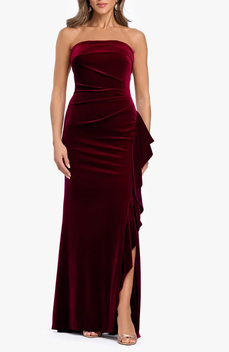 Elegant Sheath Strapless Ruched Ruffled Burgundy Floor-Length Mother of the Bride Gown