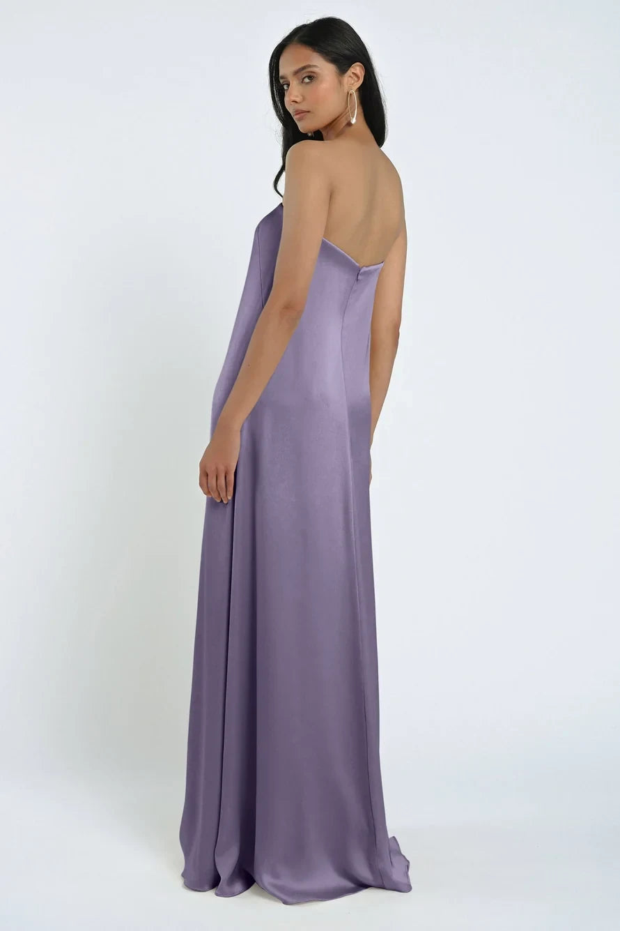 Elegant Sheath Strapless Sleeveless Silky Amethyst Floor-Length Bridesmaid Dress Women's Gown