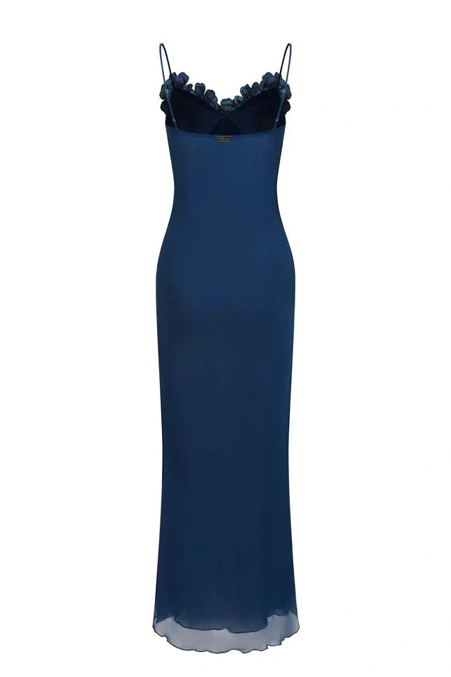 Elegant Sheath Sweetheart Sleeveless Floral Applique Navy Maxi Prom Dresses Women