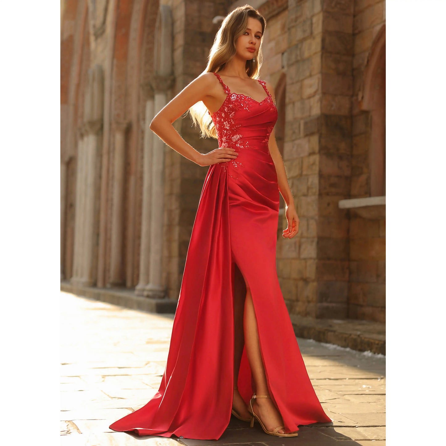 Elegant Sheath Sweetheart Sleeveless Ruched Beaded Red Floor-Length Prom Dresses Women's Gown