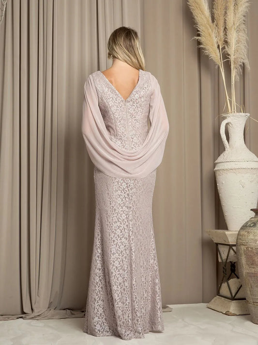 Elegant Sheath V-Neck Caped Shimmer Draped Cocoa Long Mother-of-the-Bride Dress Gown