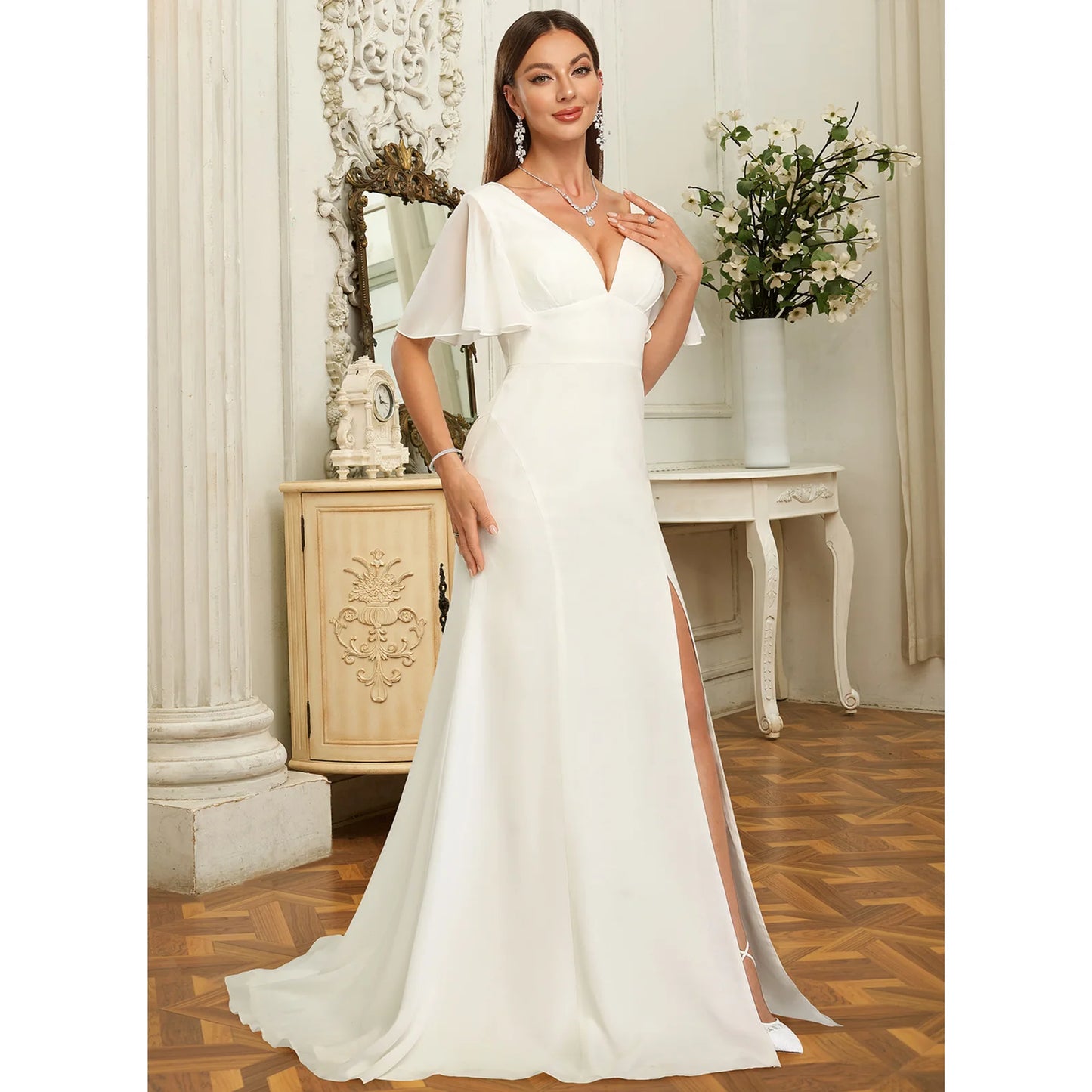 Elegant Sheath V-Neck Flutter Sleeve Chic Slit White Floor-Length Wedding Gown