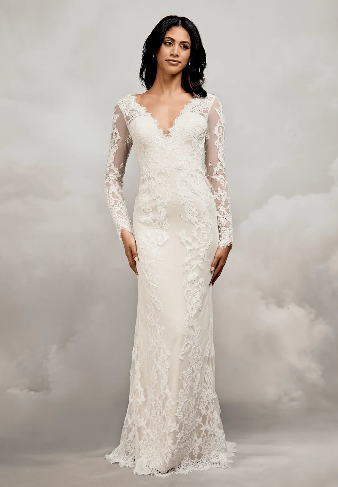 Elegant Sheath V-Neck Long Sleeve Lace Illusion Ivory Floor-Length Wedding Dresses Bridal Gown