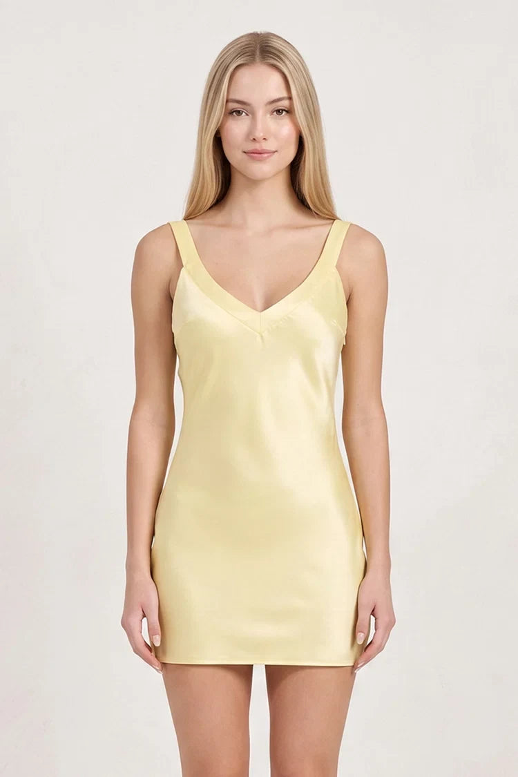 Elegant Sheath V-Neck Sleeveless Backless Silky Yellow Mini Homecoming Dress