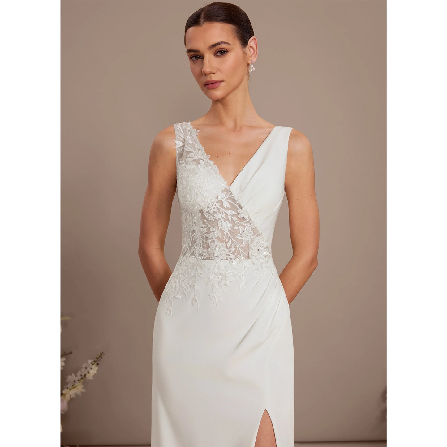 Elegant Sheath V-Neck Sleeveless Embroidered Slit Ivory Floor-Length Wedding Gown