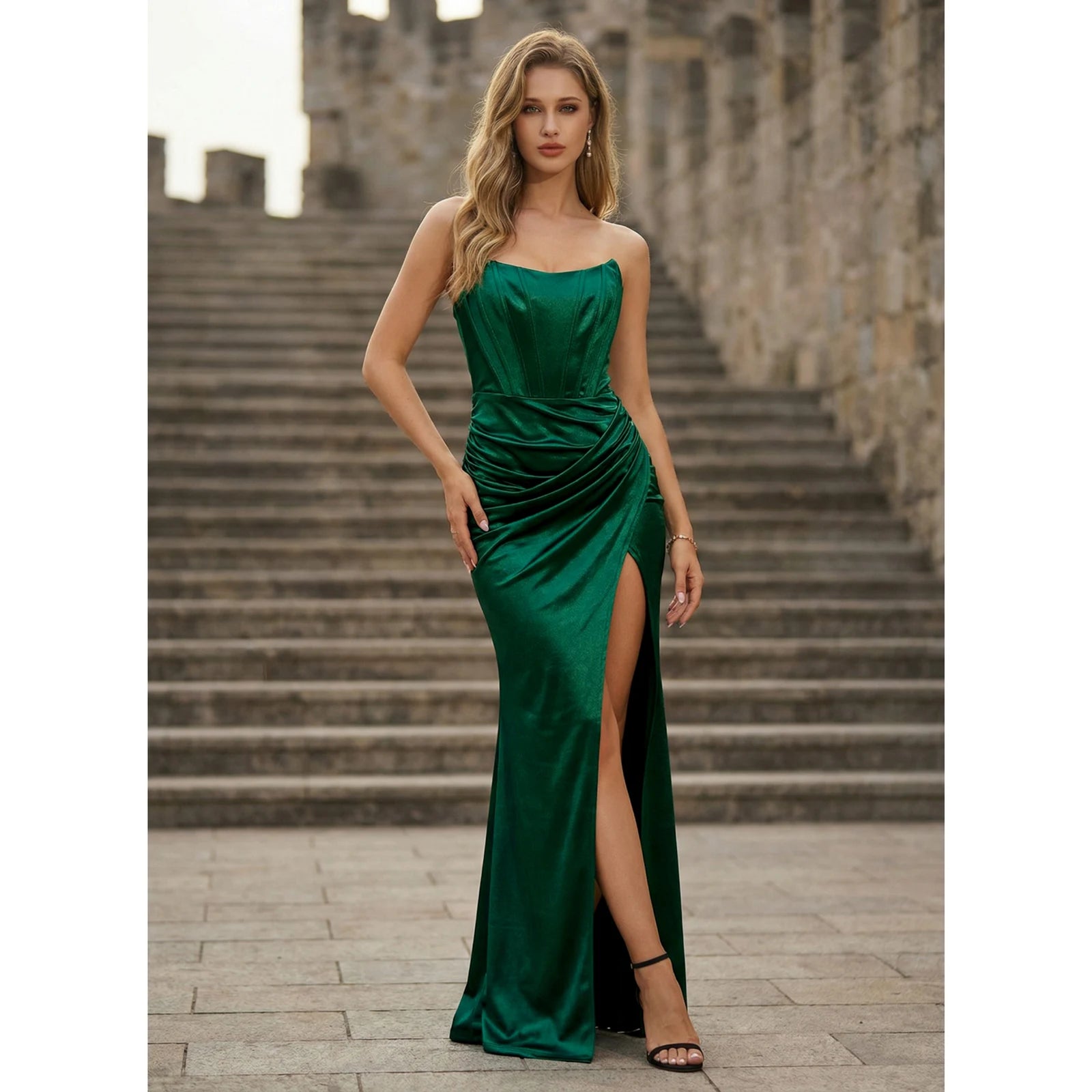 emerald green strapless prom dress Koutun Fitted gown Colors:Dark Wash Summer New Little Girl PS1785-BPD La Femme Womens Strapless