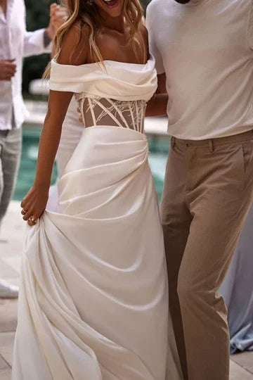 Elegant Trumpet Off-Shoulder Corset Draped White Floor-Length Wedding Dresses Bridal Gown