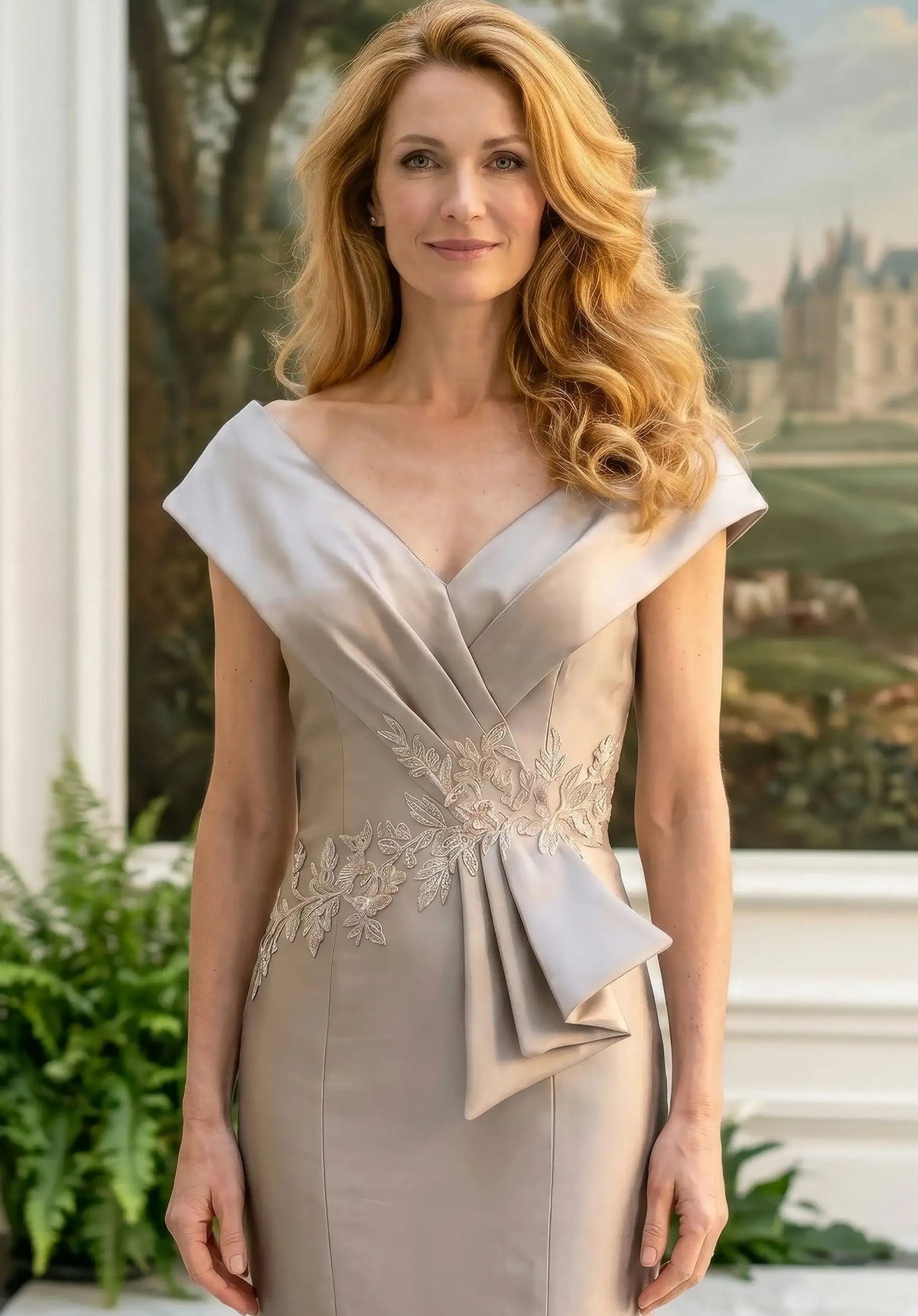 Elegant Trumpet Off-Shoulder Draped Embroidered Taupe Mother of the Bride Gown