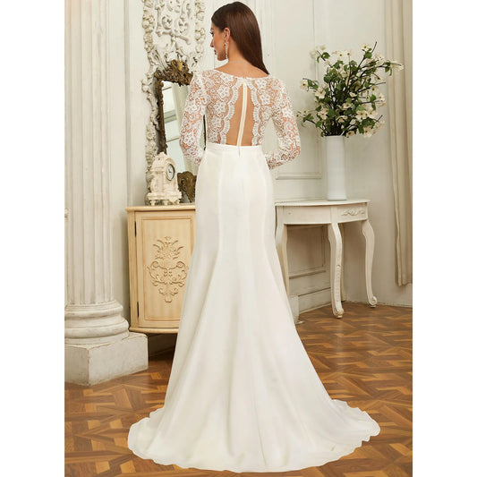 Elegant Trumpet V-Neck Long Sleeve Lace White Floor-Length Wedding Dress
