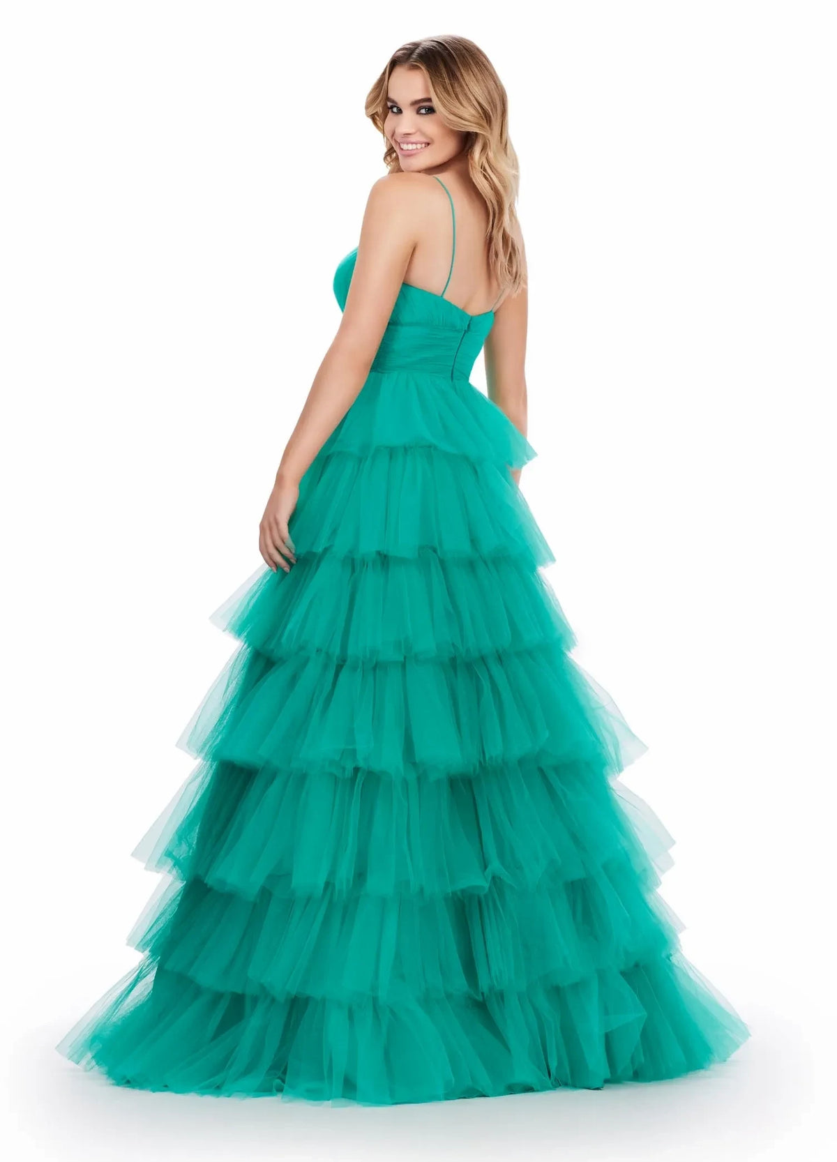 Elegant Voluminous Sweetheart V-Neck Sleeveless Tiered Ruffle Teal Floor-Length Evening Gown