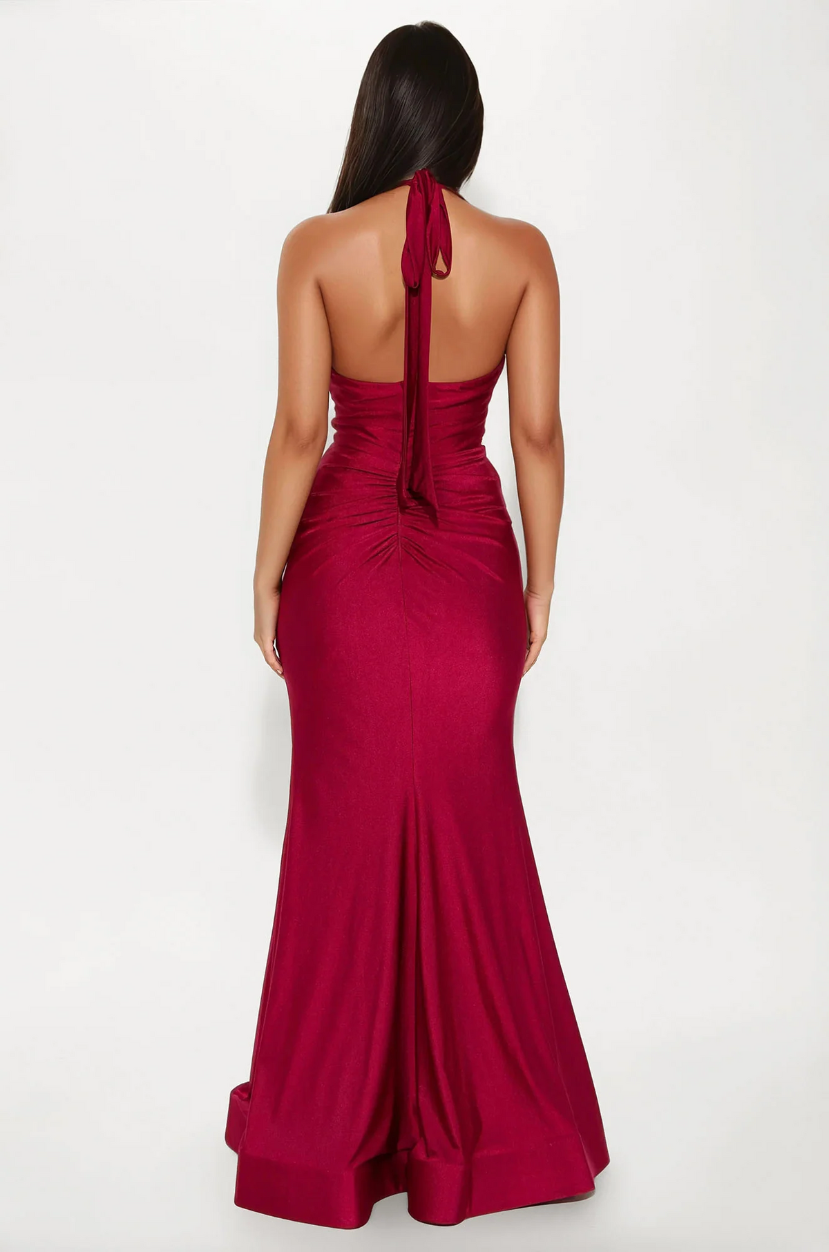 Elegant mermaid halter ruched openback slit maxi evening dress