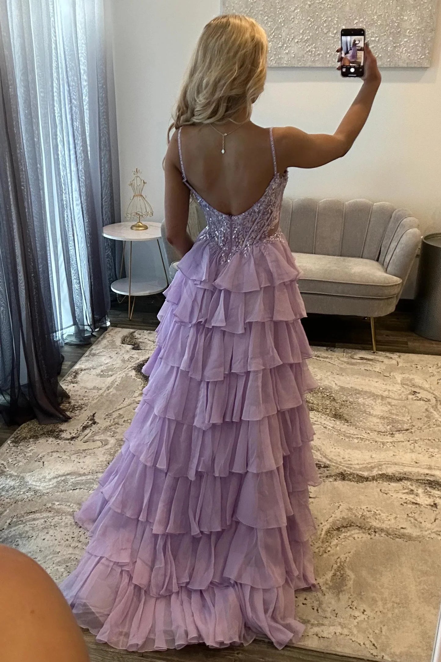 Enchanting Spaghetti Strap Lilac Sequin Floral Embellished Tiered Ruffle Tulle Gown with Deep V-Back and Side Slit Prom Dress