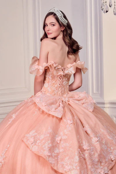 Enchanting Ball Gown Off-Shoulder Floral Applique Peach Blush Floor-Length Prom Dresses Gown