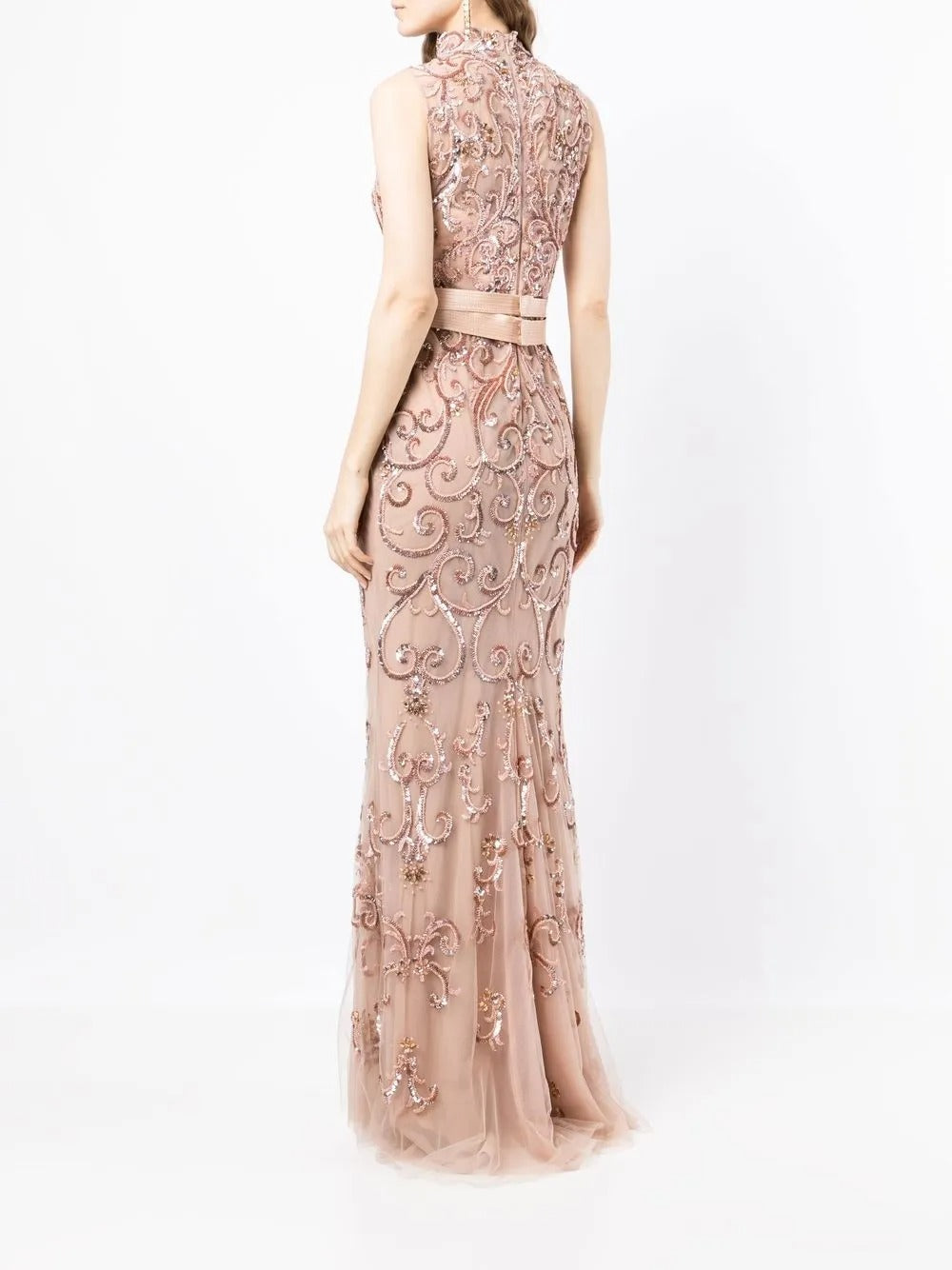 Ethereal Blush Embellished Tulle High-Neck Evening Dress