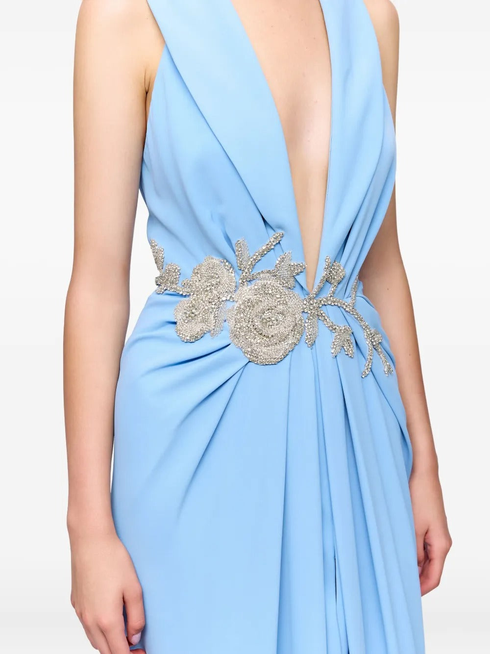 Ethereal Sky Blue Plunge V-Neck Embellished Maxi Dress