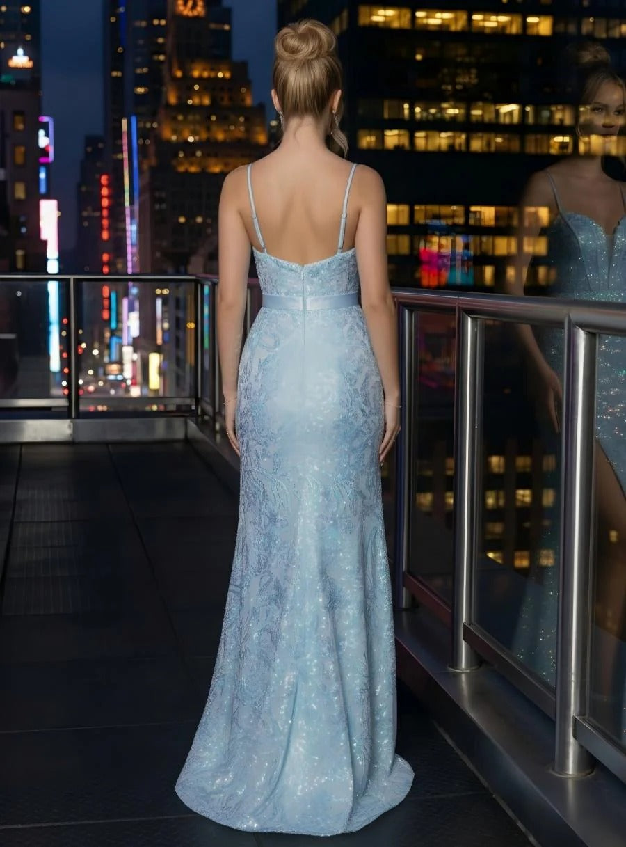 Ethereal Sky Blue Sequin Lace Bow-Waist Mermaid Gown
