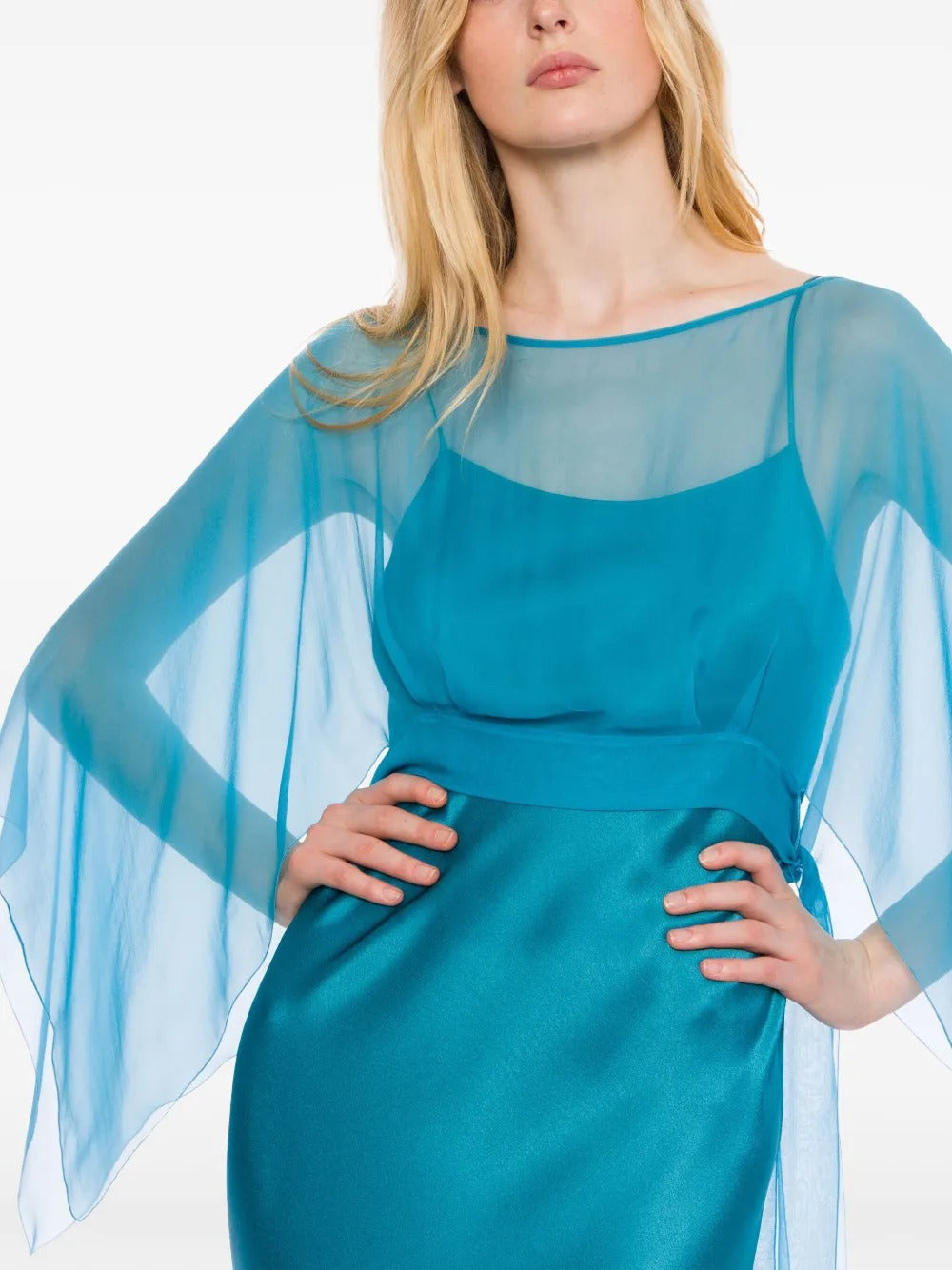 Ethereal Teal Satin & Chiffon Cape-Sleeve Prom Dress