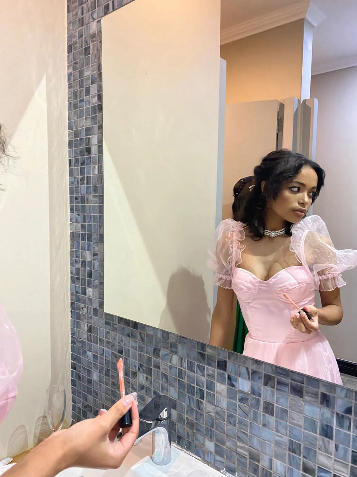 Evening Dress Puff Sleeve Blush Pink Tulle Gown with Sweetheart Neckline Ruffled Hem Train and Lace-Up Back