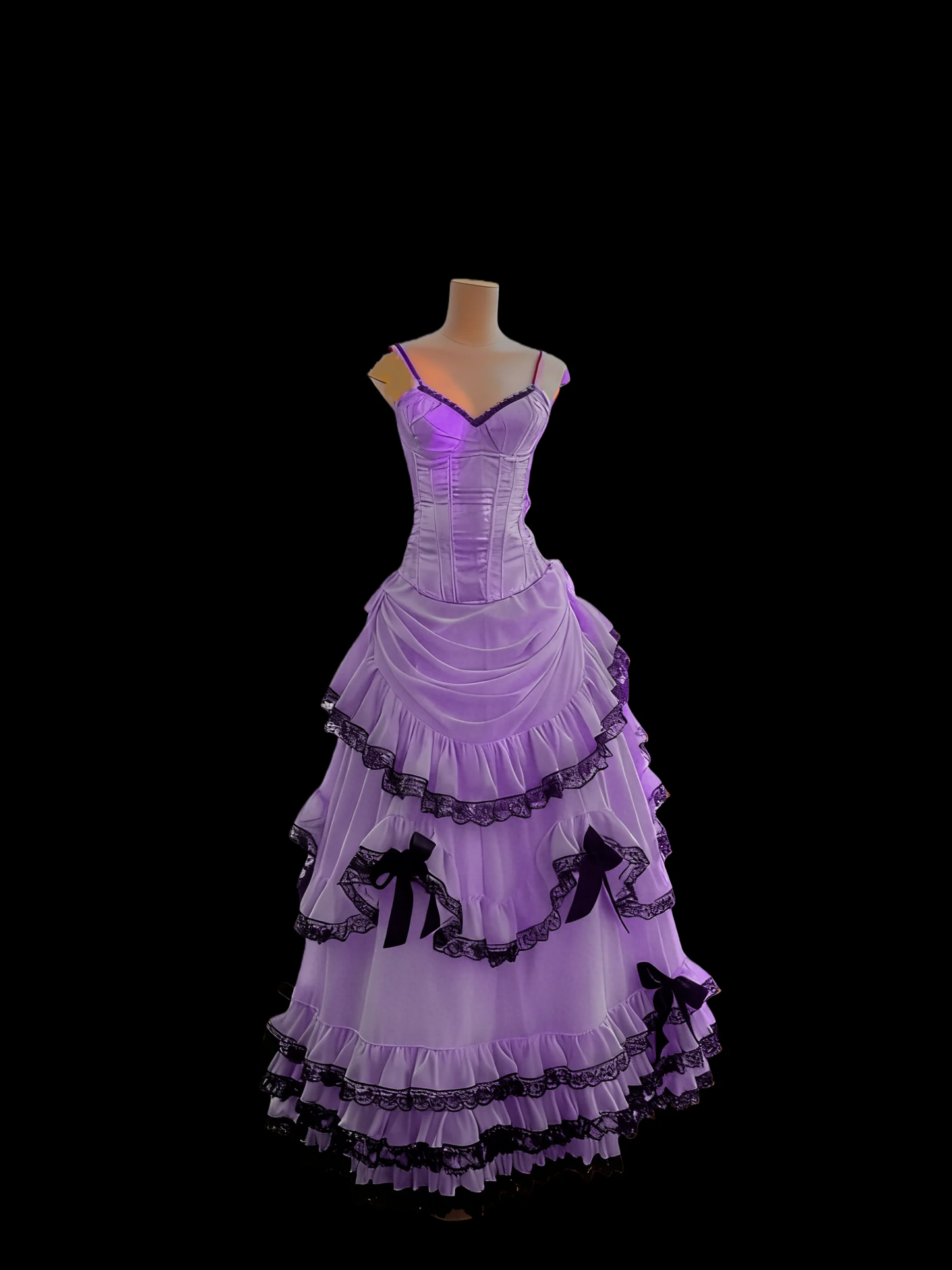 Evening Dress Sleeveless Pink Tulle Ball Gown with Corset Bodice Tiered Ruffle Skirt Black Lace Trim and Bow Accents