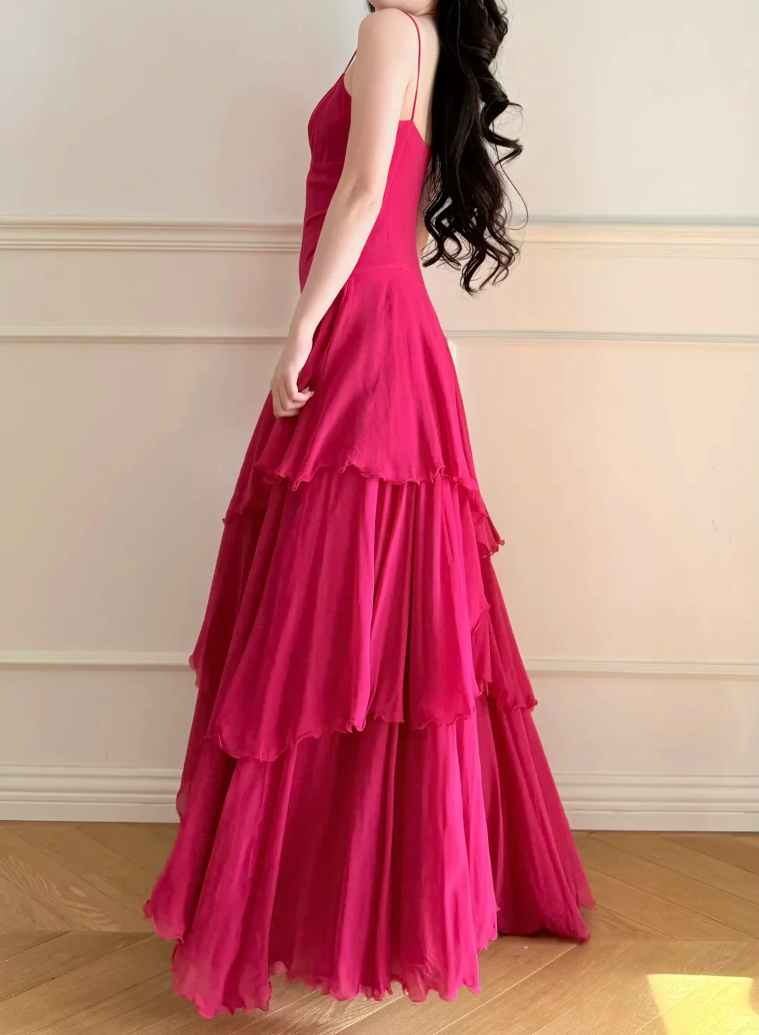Evening Dress Spaghetti Strap Hot Pink Chiffon Maxi Dress with V-Neck Ruched Bodice and Tiered Ruffle Skirt