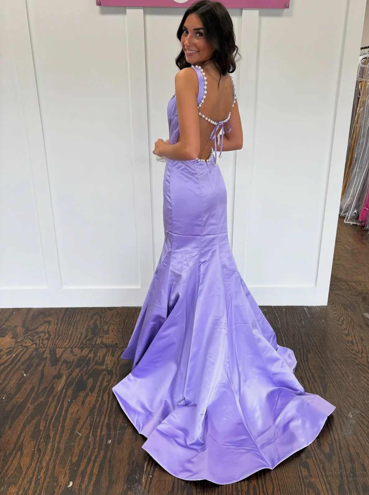 Evening Dress Square Neck Lavender Satin Mermaid Gown with Pearl Trim Open Back and Tie Closure