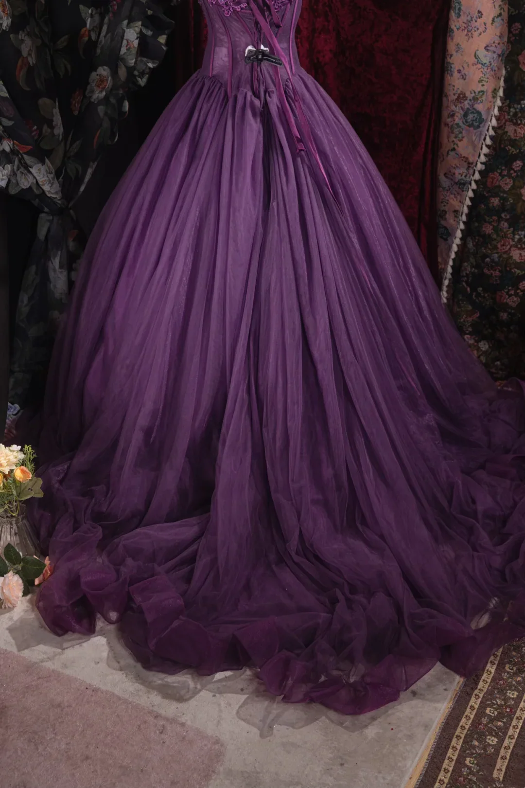 Evening Dress Strapless Plum Purple Tulle Ball Gown with 3D Floral Lace Bodice Corset Boning, Lace-Up Back and Matching Gothic Choker
