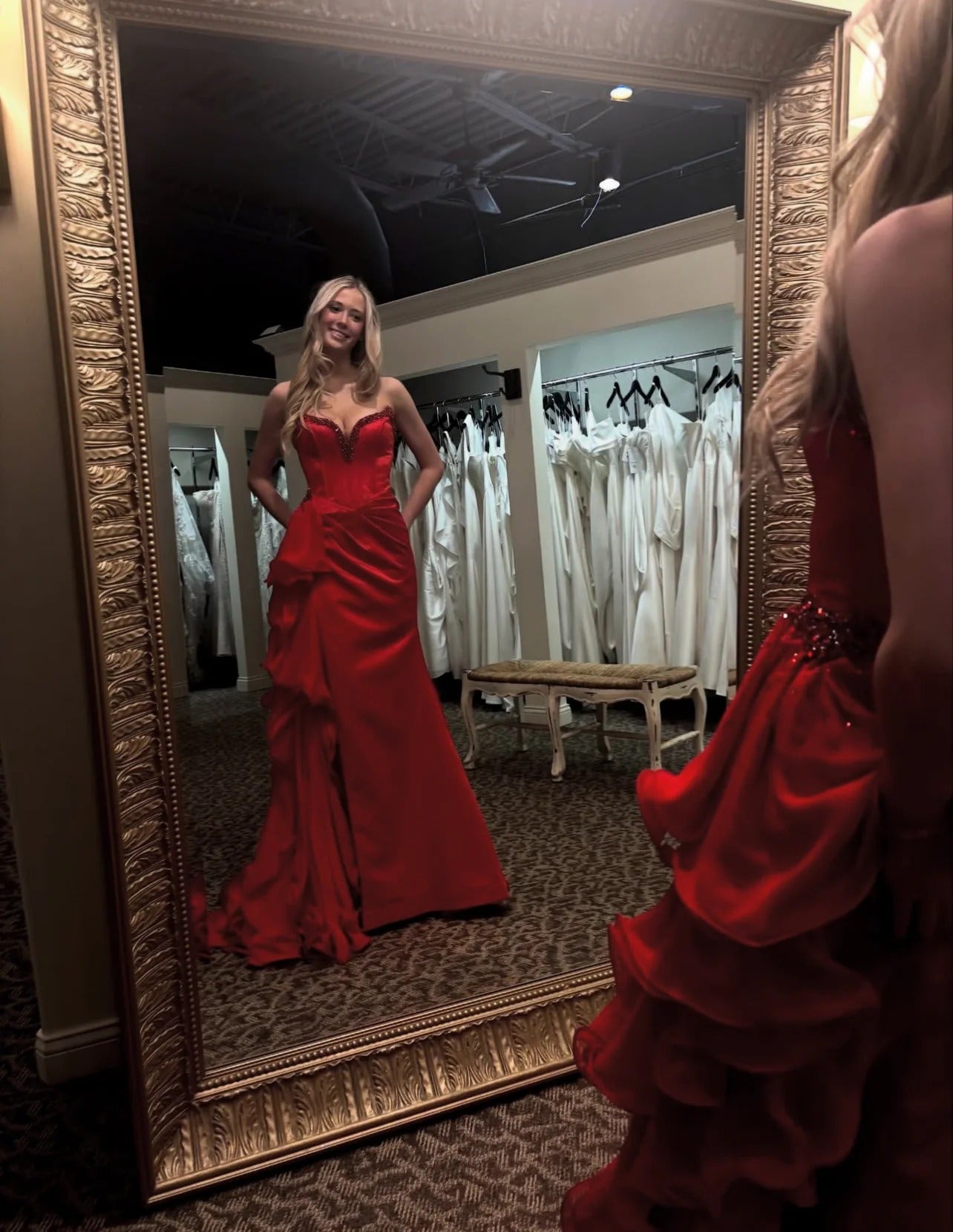 Evening Dress Strapless Red Satin Mermaid Gown with Beaded Sweetheart Neckline High Slit and Ruffled Train