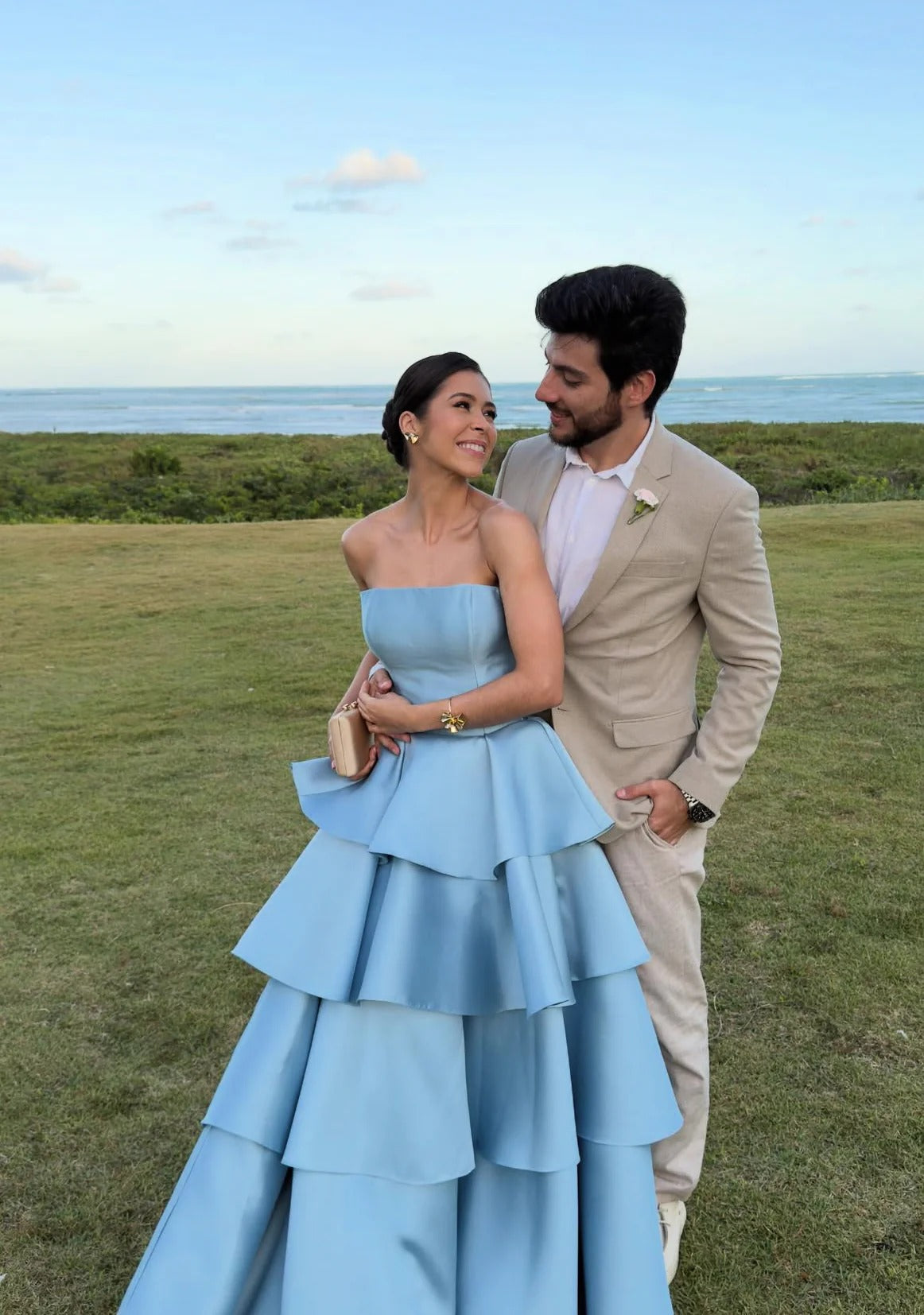 Evening Dress Strapless Sky Blue Satin High-Low Gown with Tiered Ruffle Skirt and Open Back