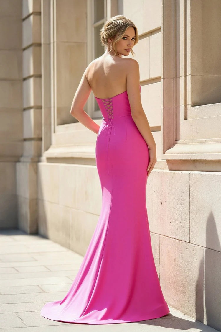Fuchsia Satin Beaded Neck Lace Up Back Mermaid Prom Dresses