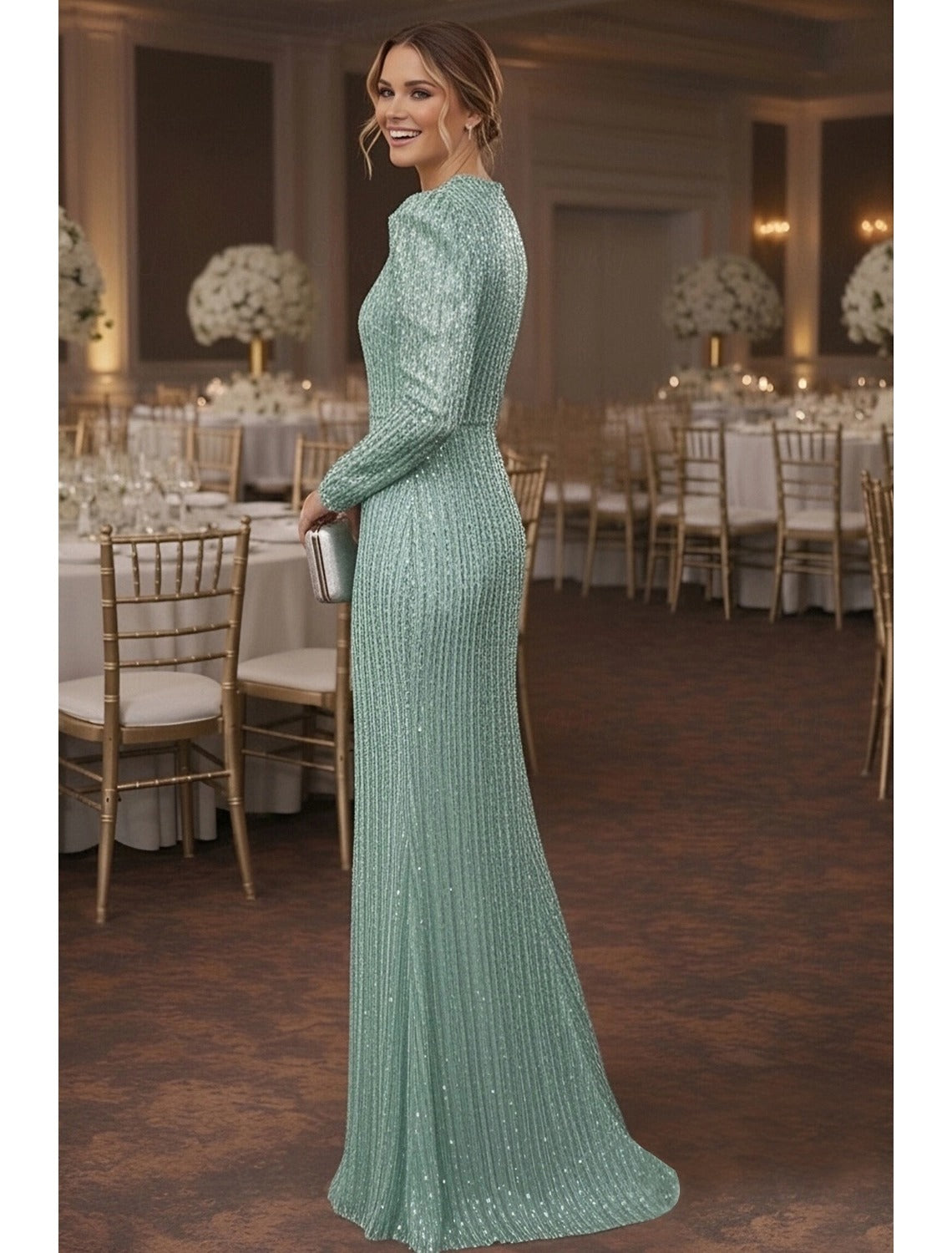 Model showcasing the elegant floor-length sequin formal gown.