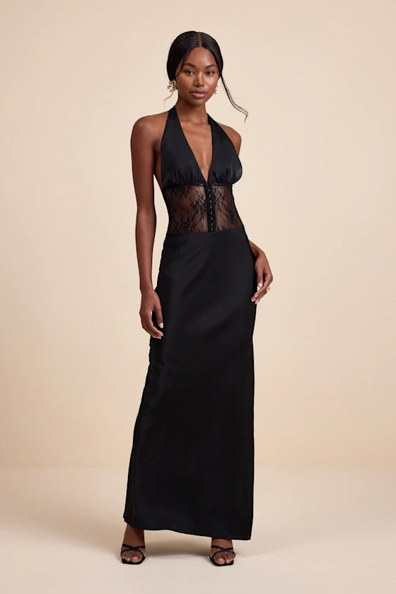Glamorous Black Halter Neck Maxi Dress with Lace Corset Bodice and Ope – Koutun Dress