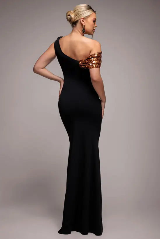 Glamorous Black One-Shoulder Mermaid Gown with Copper Sequin Ruffle Detail and Ruched Bodice, Prom Dress